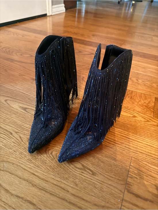 INC International Concepts Shoes - INC International Concepts Black Glitter Fringed Pointed-Toe Ankle Boots